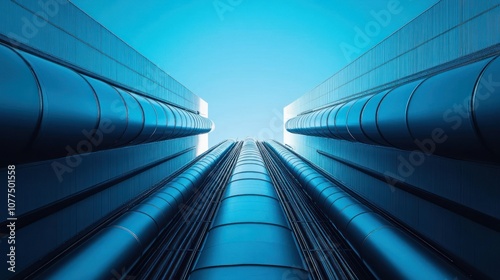 Blue Curved Pipes Ascending Against A Clear Sky