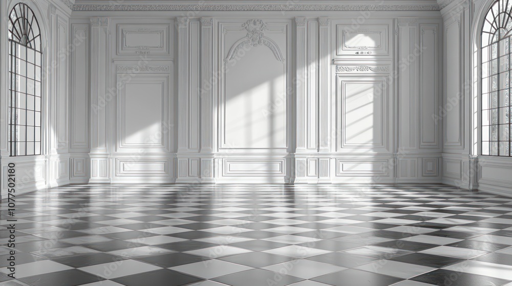 White Palace Room with Checkerboard Floor and Sunbeams. White Palace Room with Checkerboard Floor and Sunbeams.