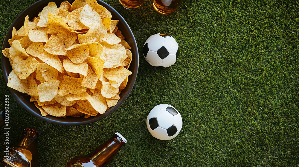 Fototapeta premium A bowl of chips, mini soccer balls, and beer bottles are arranged on a grassy surface, perfect for a football game snack spread.