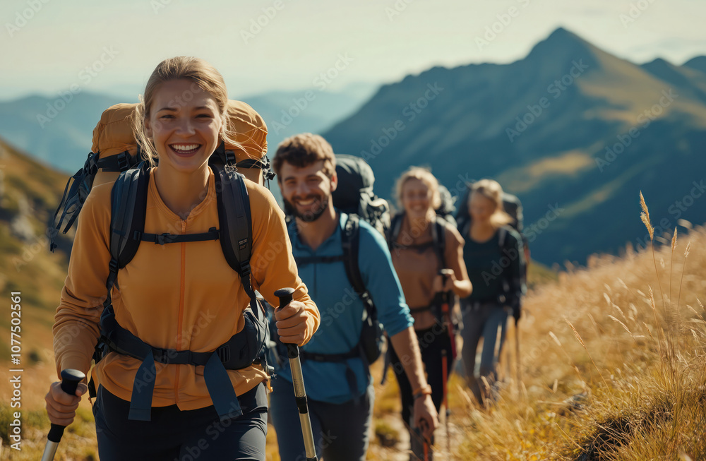A group of happy people hiking on a mountain trail shot with depth of field. Beautiful mountain landscape in the background. A group of happy people hiking on a mountain trail shot with depth of field. Beautiful mountain landscape in the background.