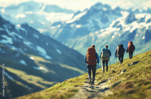 A mountain landscape with a group of people hiking on a mountain trail, captured with a shallow depth of field from a distance.