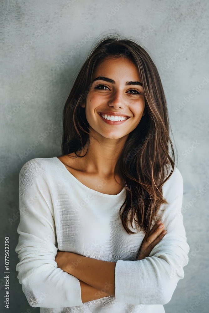 A woman with a smile on her face and arms crossed A woman with a smile on her face and arms crossed