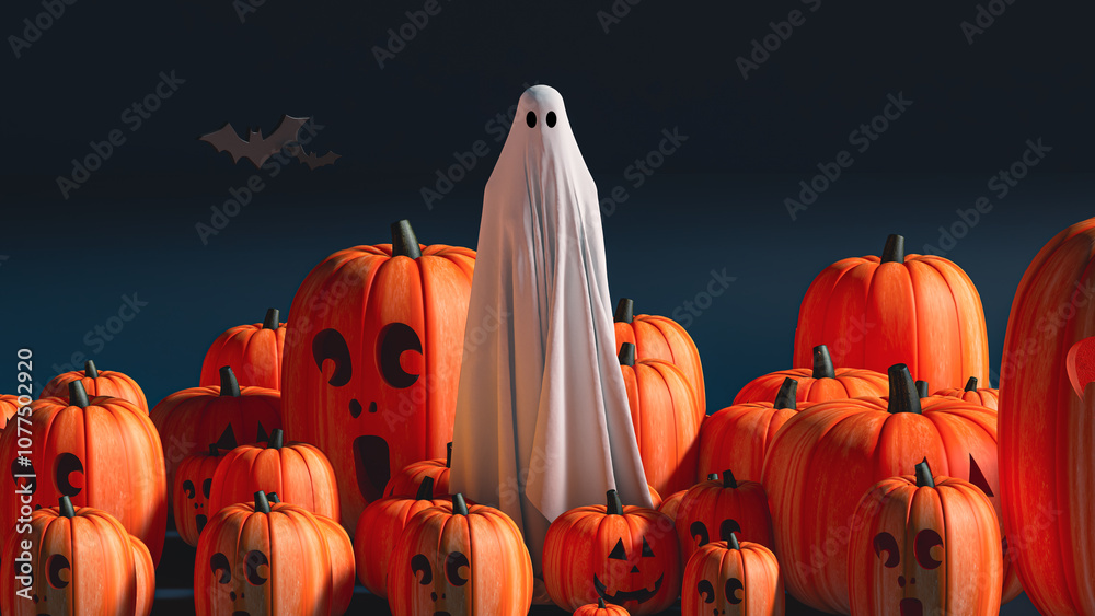© Marcos Osorio/Stocksy - Ghostly figure surrounded by pumpkins and bats in a Halloween setting