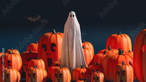 Ghostly figure surrounded by pumpkins and bats in a Halloween setting photo