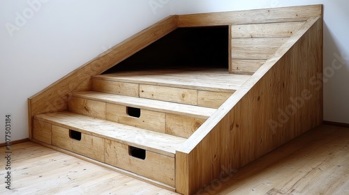 Wooden bed frame with built-in drawers and steps.