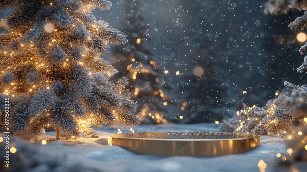 A serene winter night features snow-covered trees adorned with warm lights, creating a magical atmosphere. A glistening golden disc rests on the ground, reflecting the enchanting scene around it. A serene winter night features snow-covered trees adorned with warm lights, creating a magical atmosphere. A glistening golden disc rests on the ground, reflecting the enchanting scene around it.