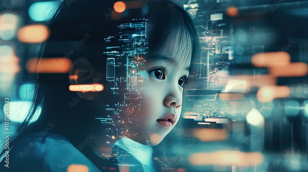 Fototapeta premium Child with Futuristic Digital Background