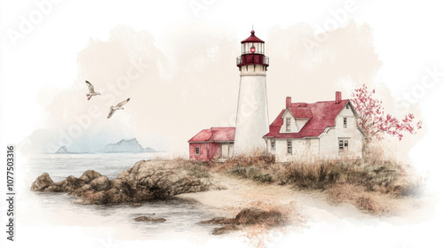 Serene coastal lighthouse with red roof and seagulls in pastel watercolor illustration photo