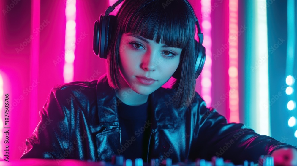 Young woman DJ with short bob haircut focused on mixing tracks during a live set, wearing headphones and leather jacket, in a vibrant neon-lit studio with pink and blue backlighting. Young woman DJ with short bob haircut focused on mixing tracks during a live set, wearing headphones and leather jacket, in a vibrant neon-lit studio with pink and blue backlighting.
