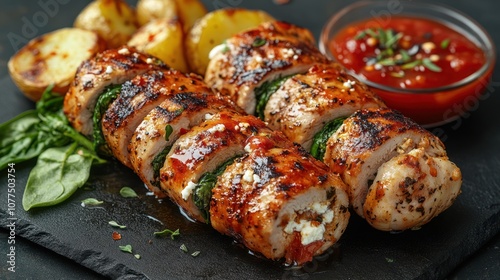 Grilled chicken roulade with spinach, feta cheese and tomato sauce.