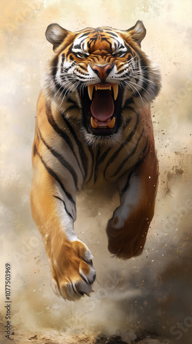 A fierce tiger jumping and roaring with its mouth open and sharp teeth shining in an attack stance, surrounded by clouds of dust adding to the dramatic effect of movement.