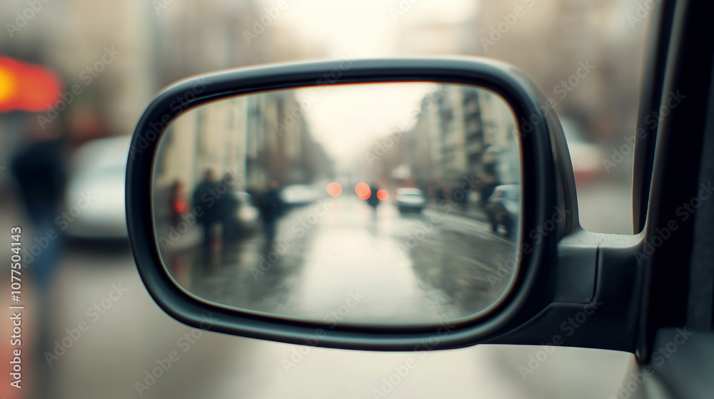 Rain-soaked car mirror capturing blurred city street with vehicles and people Rain-soaked car mirror capturing blurred city street with vehicles and people