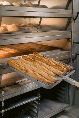 Freshly baked baguettes being removed from the oven. photo