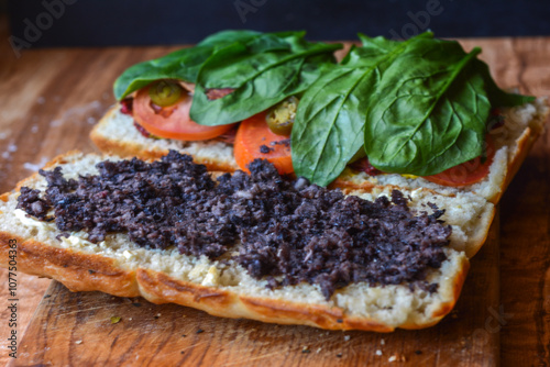 Photography focaccia chica para una persona rellena, de jamon y verduras