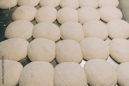 Raw dough balls on a metal surface preparing to bake photo