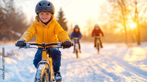 Joyful kids cycling through a snowy woodland trail at sunset, savoring winter recreation and outdoor pastimes photo