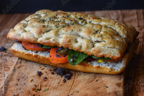 Canvas Print focaccia chica para una persona rellena, de jamon y verduras