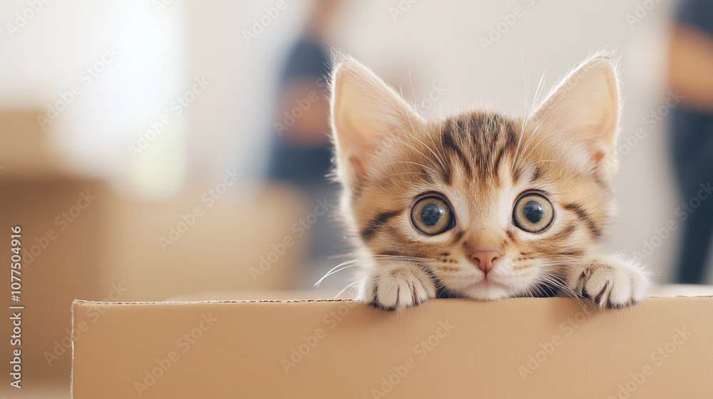 Adorable tabby kitten exploring a cardboard box in a new home, with movers in the background, creating a heartwarming scene of pet adoption and relocation