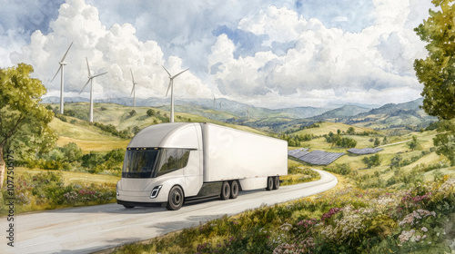 Wallpaper Mural Eco-friendly electric truck driving through scenic countryside with wind turbines and solar panels Torontodigital.ca