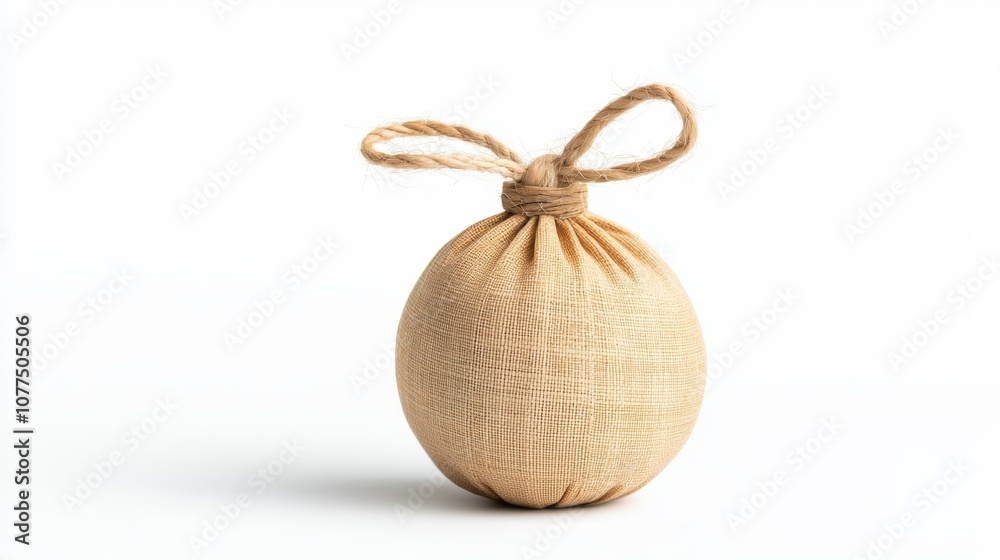 Isolated Herbal Compress on White Background for Natural Remedies and Wellness Applications Featuring a Round Fabric Bag Tied with Twine