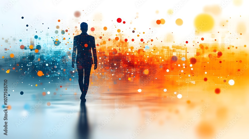 Silhouette of a Person Walking Toward a Digital Cityscape Silhouette of a Person Walking Toward a Digital Cityscape