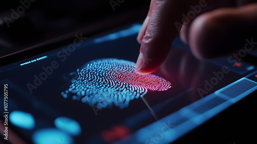 A person using a fingerprint reader on a tablet to authenticate a digital document with Secure Access Granted appearing on the screen. photo