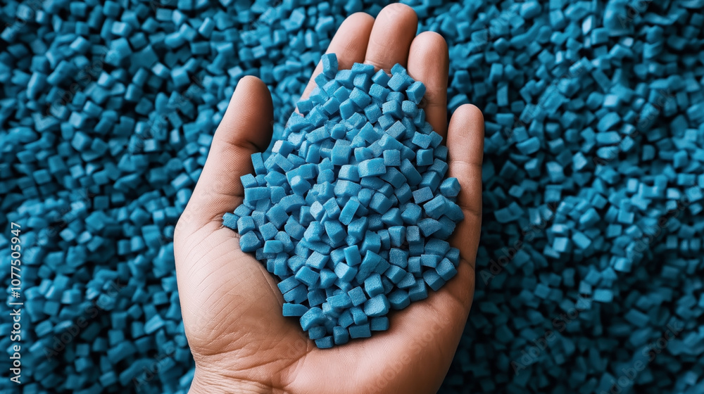 Close-up of a hand holding blue plastic polymer granules, with a background full of similar granules, indicating raw material for manufacturing or recycling.