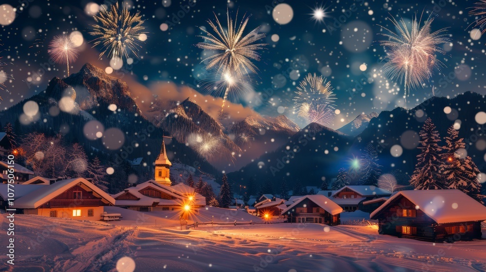 Fototapeta premium A beautiful winter village adorned with snow celebrates the New Year under a starry sky, as colorful fireworks illuminate the mountains