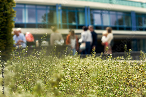 Gathering of people in an outdoor setting with blurred background and greenery during daytime