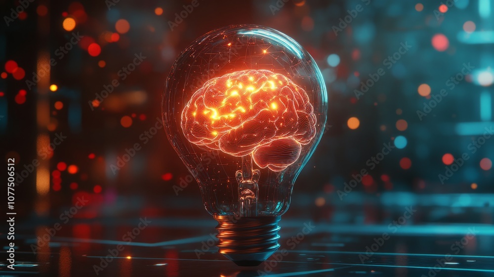 Human brain inside an incandescent light bulb, representing new ideas and creativity, futuristic look, generative ai Human brain inside an incandescent light bulb, representing new ideas and creativity, futuristic look, generative ai