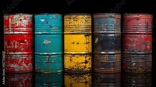 Five colorful, rusty barrels with a black background, reflecting on a shiny surface. photo