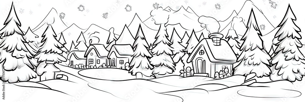 Obraz premium line drawing of christmas village - coloring book page