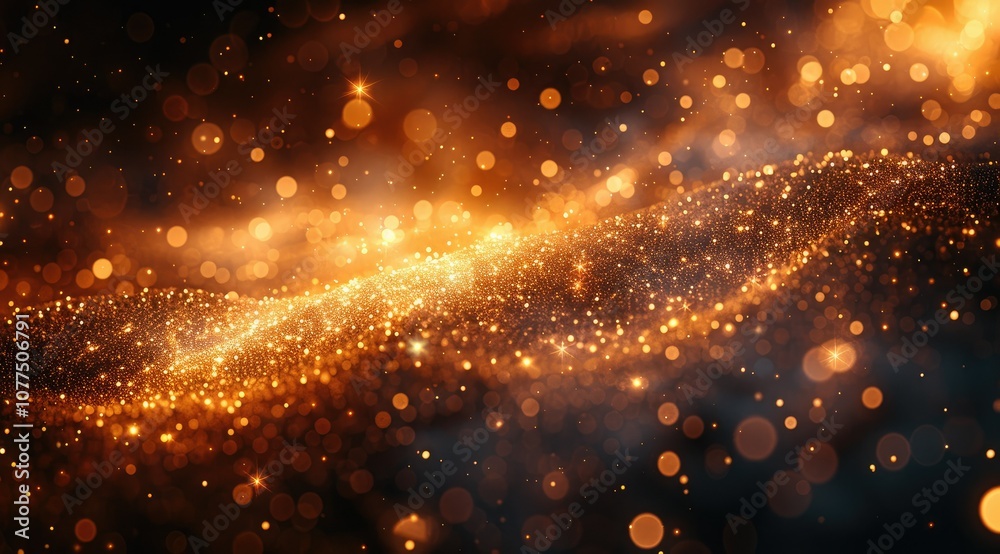Fototapeta premium Abstract background with golden sparkling particles and bokeh lights on a black background.