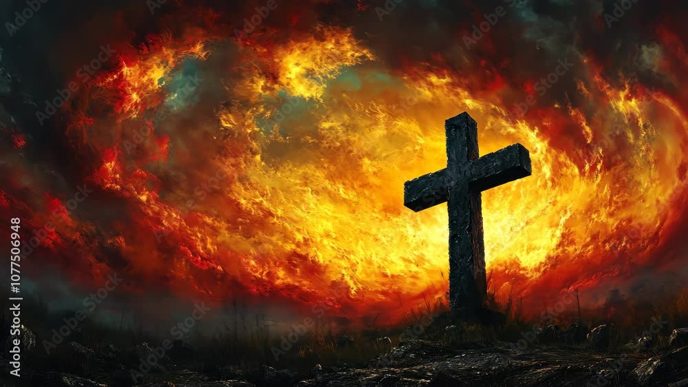 Silhouetted cross against fiery sky, dramatic landscape. Spirituality and hope concept Silhouetted cross against fiery sky, dramatic landscape. Spirituality and hope concept