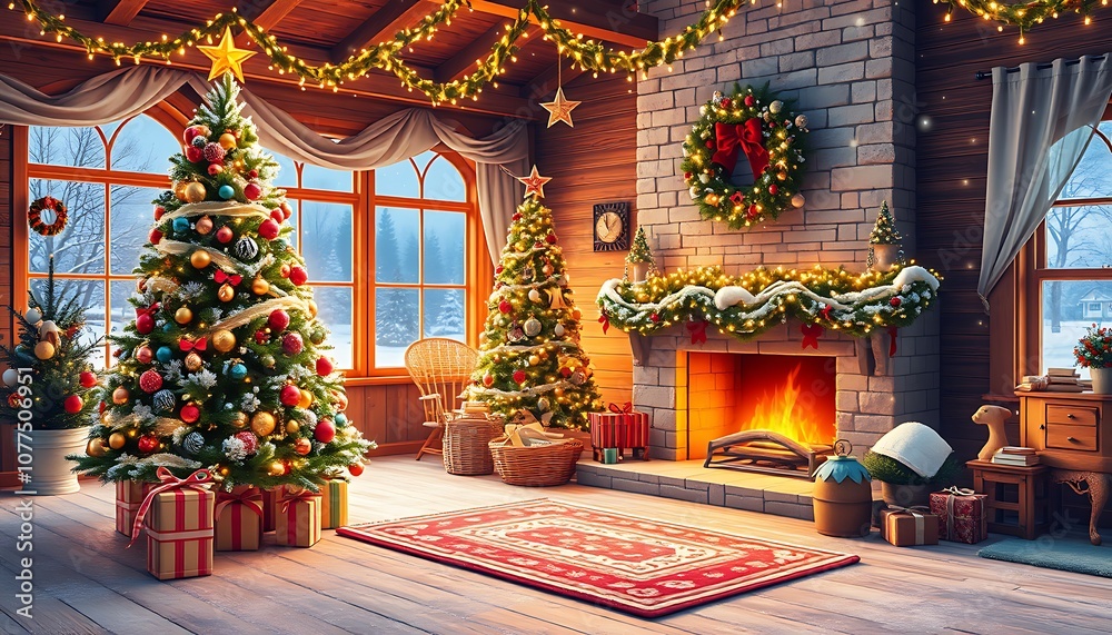 Fototapeta premium A cozy winter wonderland scene of a Christmas room, adorned with twinkling fairy lights.