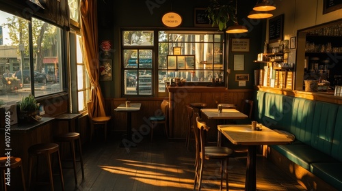 A Cafe Interior with Wooden Tables and Chairs Bathed in Sunlight