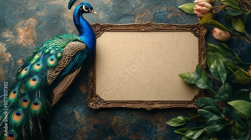 Indian wedding invitation on a table with peacock design 