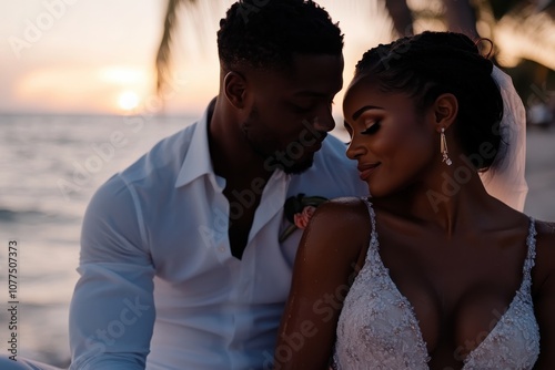 A captivating moment between a couple is captured as they embrace on a tropical beach during a stunning orange tinted sunset, exuding romance and serenity. photo