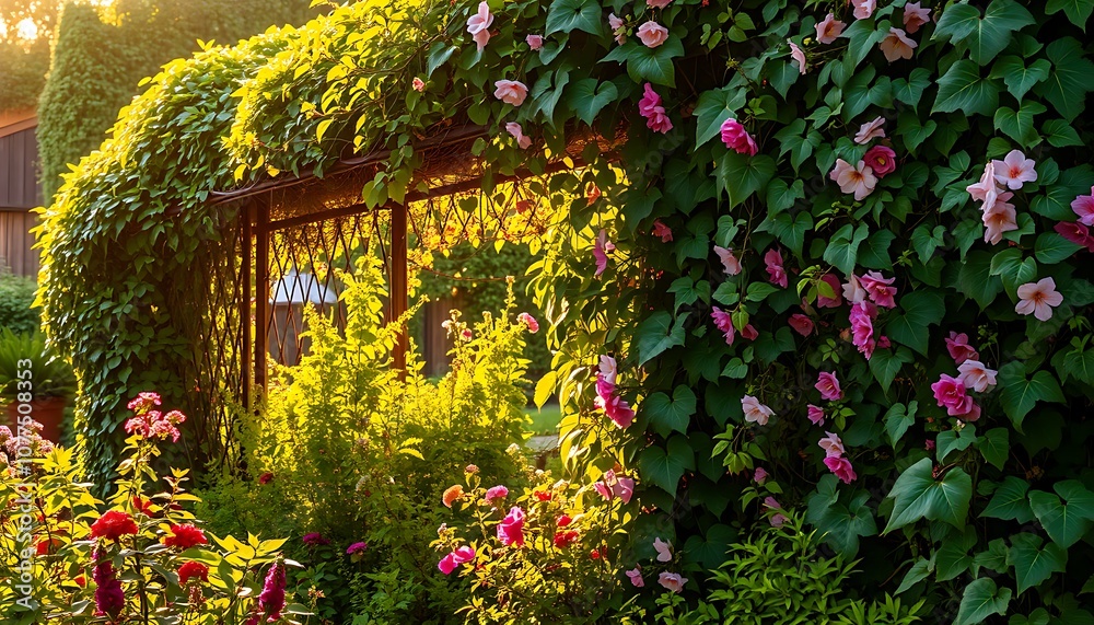 Fototapeta premium A lush, vibrant overgrown garden, teeming with life and bathed in the warm, golden light of a sun-drenched afternoon.