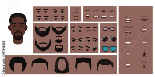 Brown skin colored man face constructor, avatar of male character creation hairstyle, nose, eyes, eyebrows and lips. Cartoon set suitable for animation and lip sync speaking.	