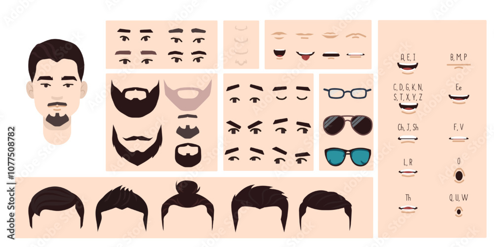 Asian man face constructor, avatar of male character creation hairstyle, nose, eyes with eyebrows and lips. Facial elements for construction. Cartoon set suitable for animation and lip sync speaking. Asian man face constructor, avatar of male character creation hairstyle, nose, eyes with eyebrows and lips. Facial elements for construction. Cartoon set suitable for animation and lip sync speaking.