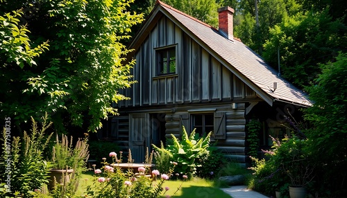 A quaint, old-world cottage nestled among lush greenery, with a weathered wooden facade, a steeply pitched roof.