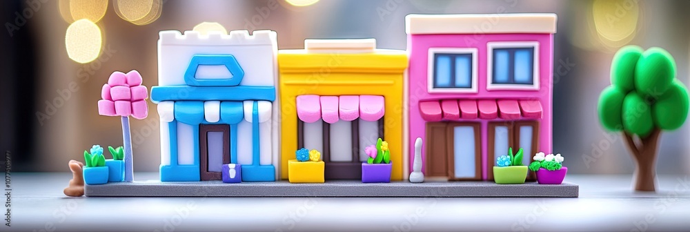 cozy downtown small business scene made from modeling clay with vibrant modern style 