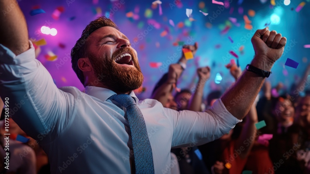 man with a beard passionately celebrates at a lively event, raising his arms joyfully as colorful confetti falls around him, surrounded by an enthusiastic crowd reveling in the festivities man with a beard passionately celebrates at a lively event, raising his arms joyfully as colorful confetti falls around him, surrounded by an enthusiastic crowd reveling in the festivities