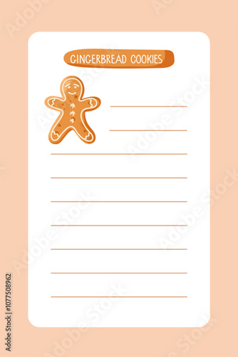 Recipe book page with Gingerbread Man cookie. Empty template card. Lined page with copy space for writing recipes. Homemade Christmas cookie. Vector isolated on white background. Sweet baked pastrie