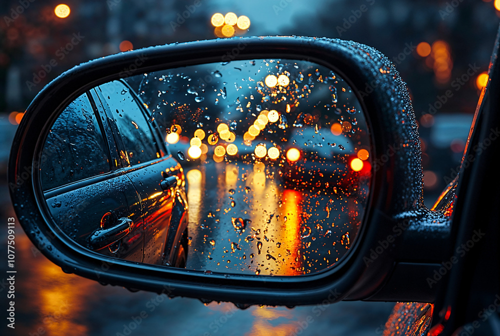 A close-up portrait of a side mirror reflecting the road behind on a rainy day A close-up portrait of a side mirror reflecting the road behind on a rainy day