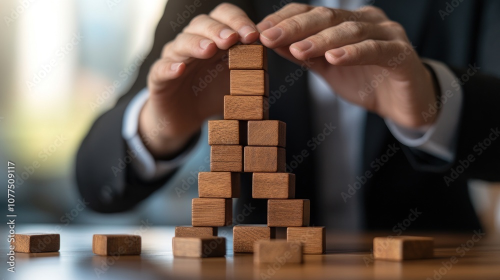 A person is skillfully stacking wooden blocks into a tower while seated at a desk in a contemporary office. This activity reflects a blend of creativity and concentration A person is skillfully stacking wooden blocks into a tower while seated at a desk in a contemporary office. This activity reflects a blend of creativity and concentration