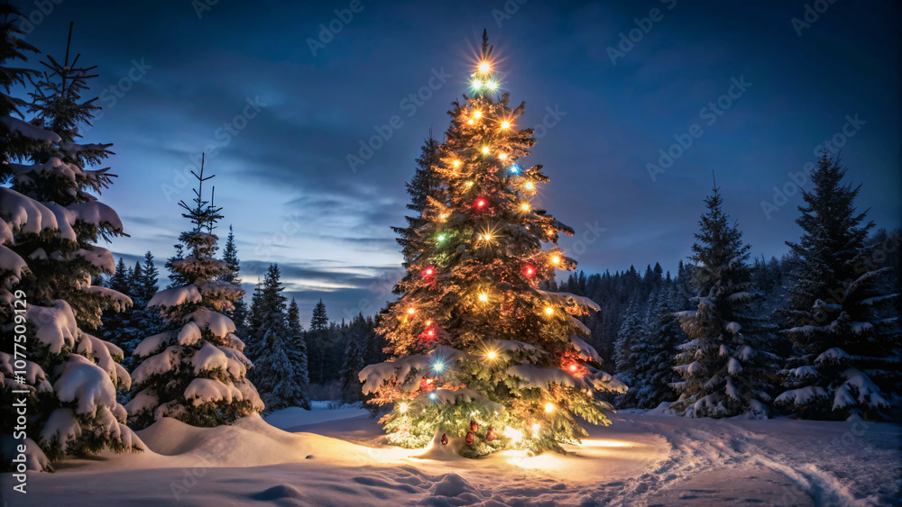 Beautiful Christmas tree with lights shining christmas in a night snowfall forest background
