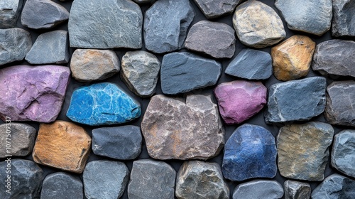 A variety of stones in different shapes and colors are closely positioned against a wall, creating an artistic display that highlights their unique textures and hues photo