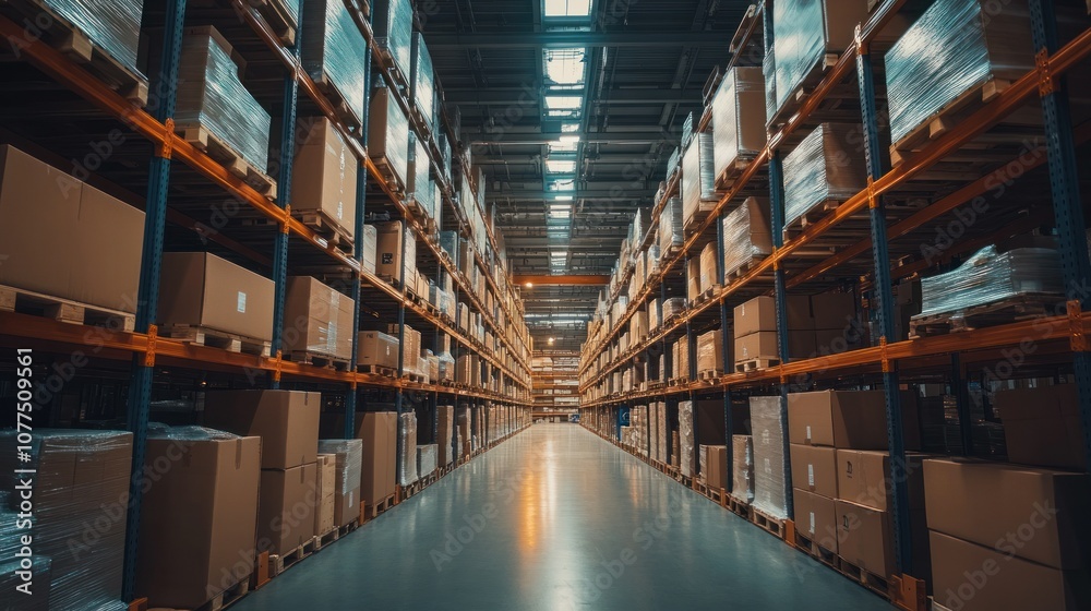 Rows of Cardboard Boxes Stacked on Metal Shelving in a Warehouse Rows of Cardboard Boxes Stacked on Metal Shelving in a Warehouse